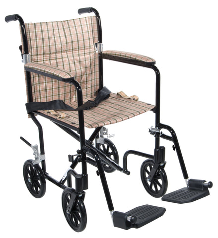 Drive Medical fw17db Flyweight Lightweight Folding Transport Wheelchair, 17", Black Frame, Tan Plaid Upholstery - Owl Medical Supplies