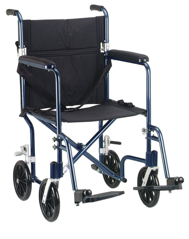 Drive Medical fw19bl Flyweight Lightweight Folding Transport Wheelchair, 19", Blue Frame, Black Upholstery - Owl Medical Supplies