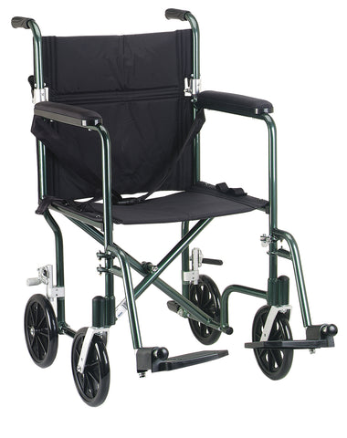 Drive Medical fw19gr Flyweight Lightweight Folding Transport Wheelchair, 19", Green Frame, Black Upholstery - Owl Medical Supplies